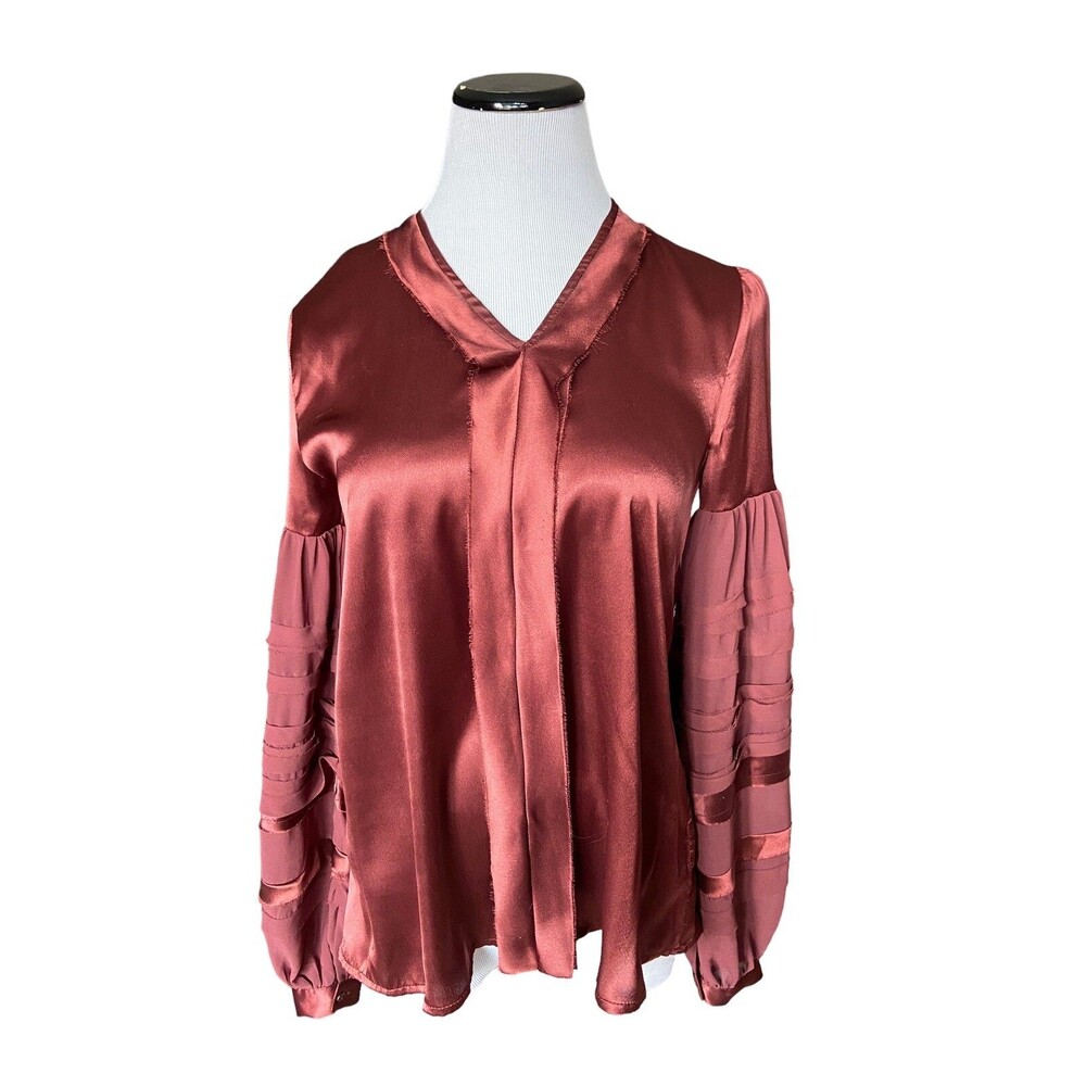 Love Sam Satin Blouse Size S Copper Brown Balloon Sleeve‎ Sheer Insert Boho Fall